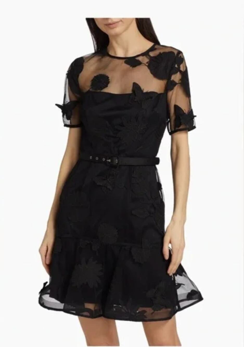 Milly Rosie Organza Belted Floral Embroidered Mini Dress Black Sheer Size 6 NEW